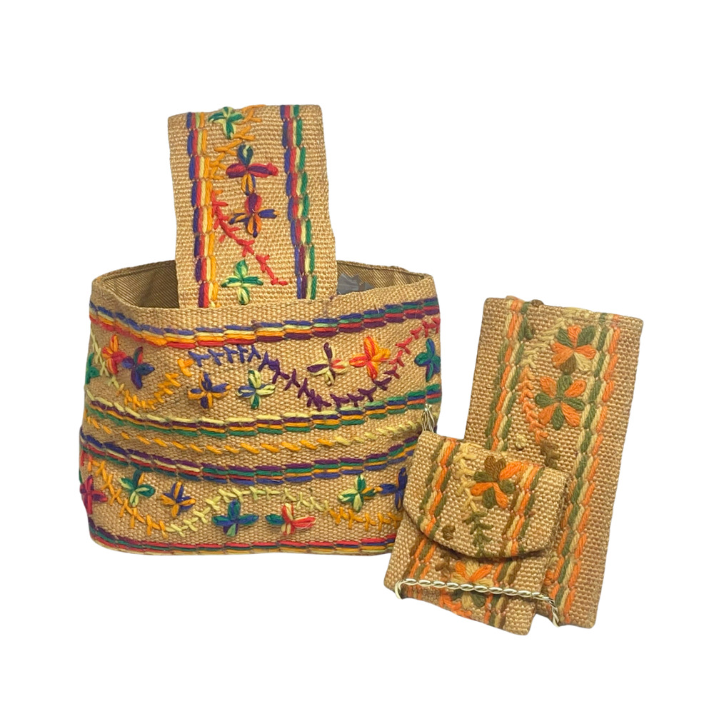 Vintage Mexican Folk Art Crewel Embroidery Small Handbag Tote 10"Wx6"H Jute Boho